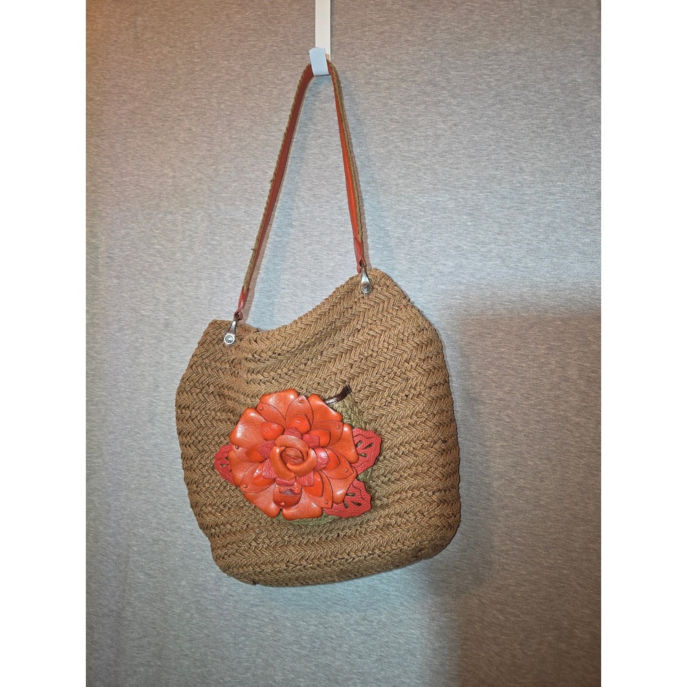 Brighton Straw Hobo Bag Woven Tan Orange Leather Flower Shoulder Bag